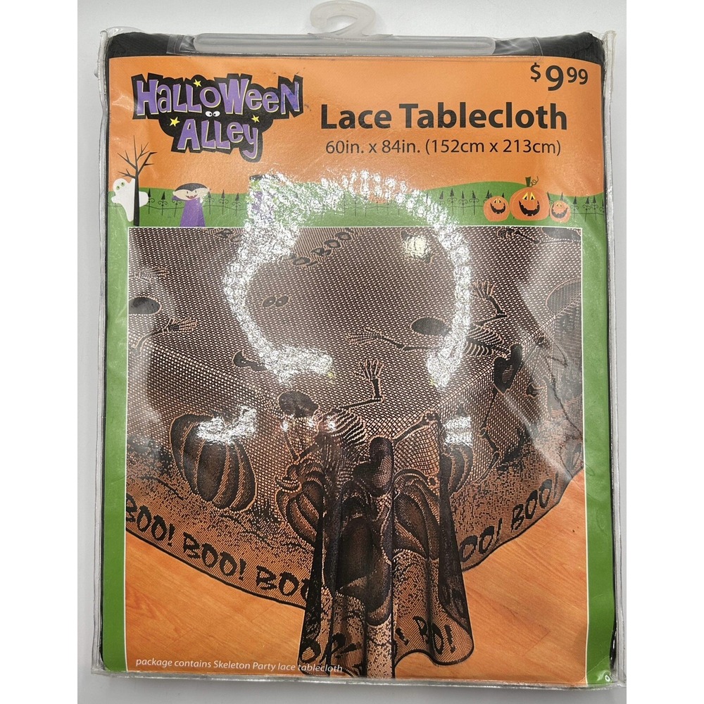 Halloween Alley Black Lace Dancing Skeleton Pumpkin Tablecloth 60in‎ X 84in
